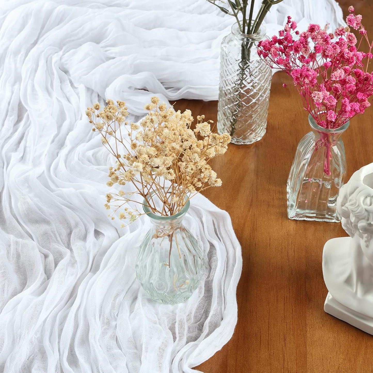 12 Pack 10FT White Cheesecloth Table Runner 35x120 Inch Gauze Rustic Boho Table Runner Cheese Cloth for Wedding Decor Birthday Party Bridal Baby Shower Table Centerpiece Decoration