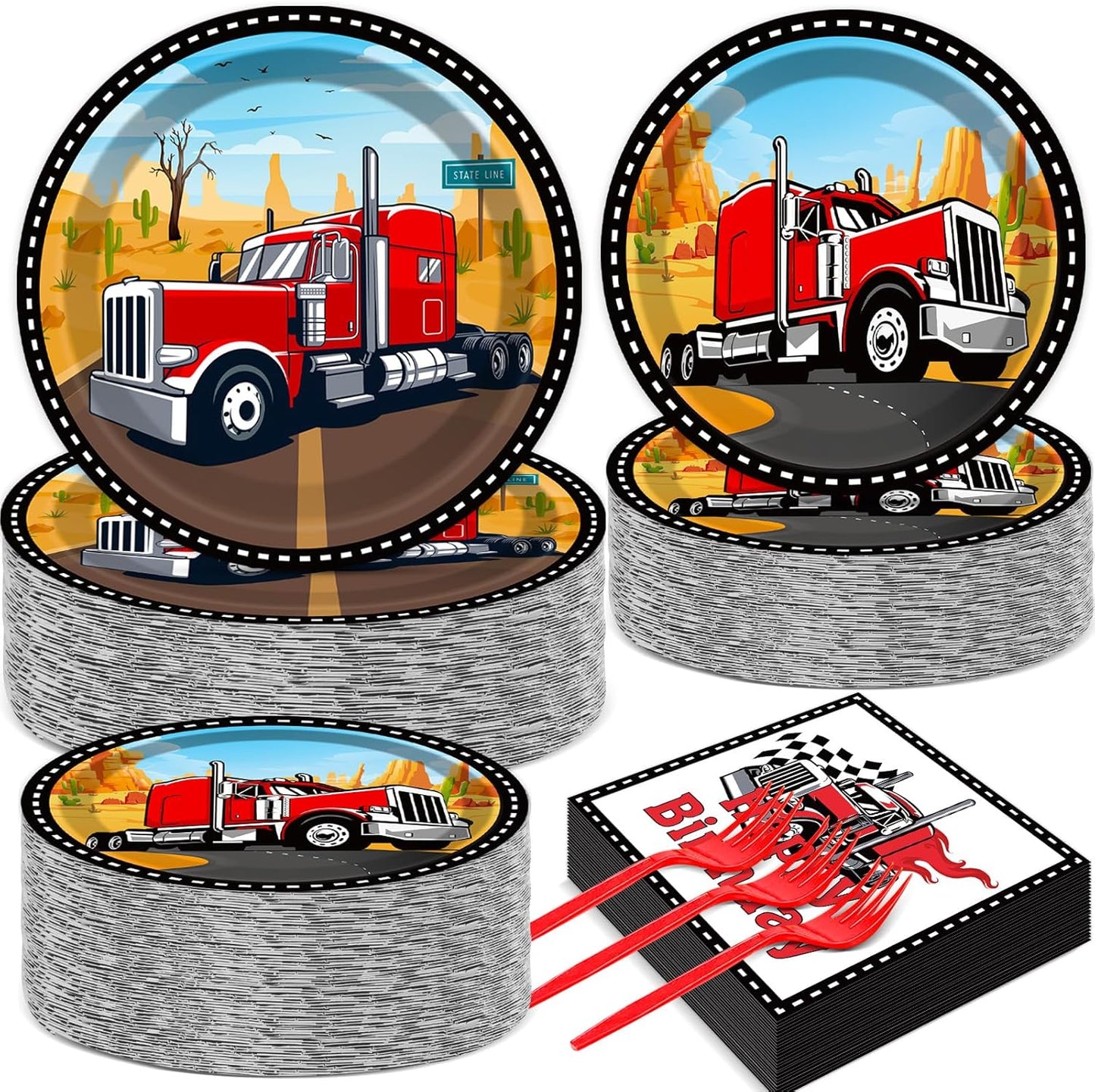 gisgfim 50 Guests Semi Truck Party Decorations Semi Truck Plates and Napkins Party Decoration For Birthday Party Plates Tableware Set Tractor Trailer Theme Party Paper Plates Napkins Forks 200 PCS