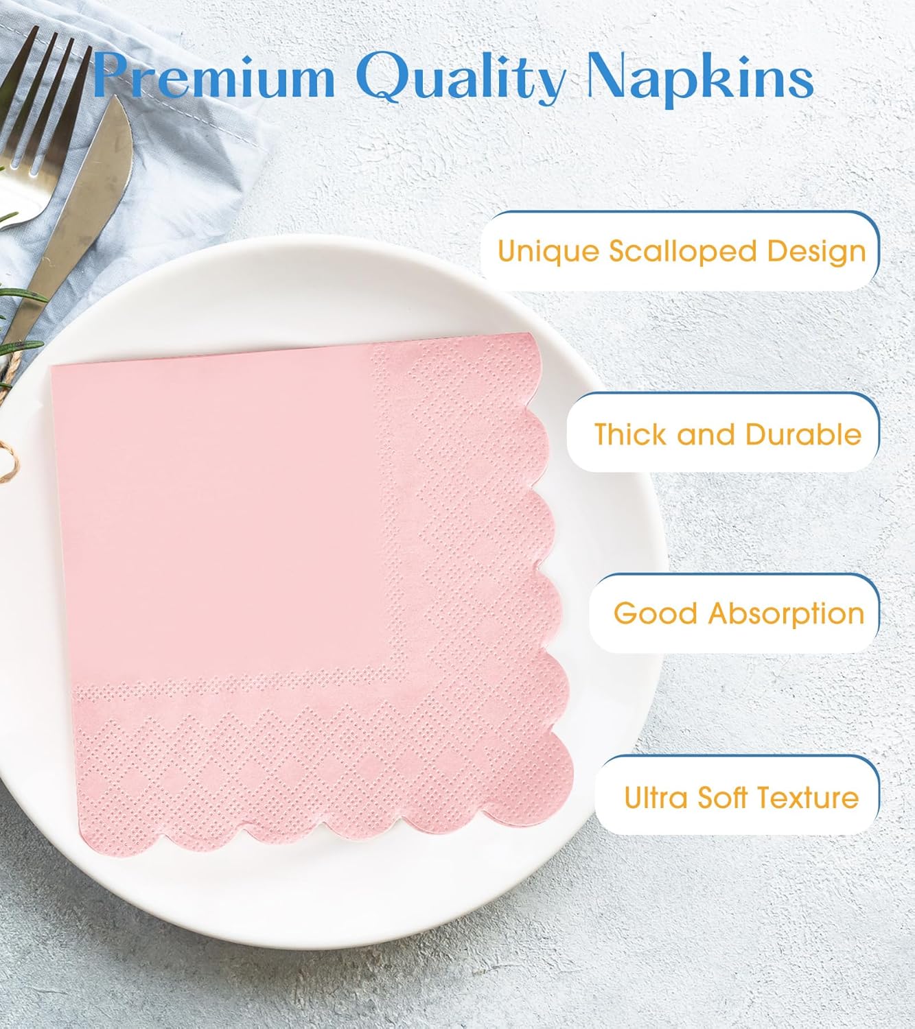 100 Pack Cocktail Napkins, 3-Ply Scalloped Edged Wedding Napkins Folded 5 x 5 Inches Dessert Napkins, Disposable Napkins for Dinner Birthday Party Bridal Anniversary Baby Shower Reception (Pink)