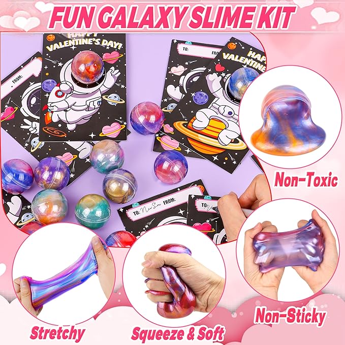 28 Pack Valentines Day Gifts for Kids Classroom, Galaxy Slime Kit Valentines Cards for Kids School Class Valentines Day Slime Fidget Toys Valentines Exchange Cards Valentines Party Favors Boys Girls