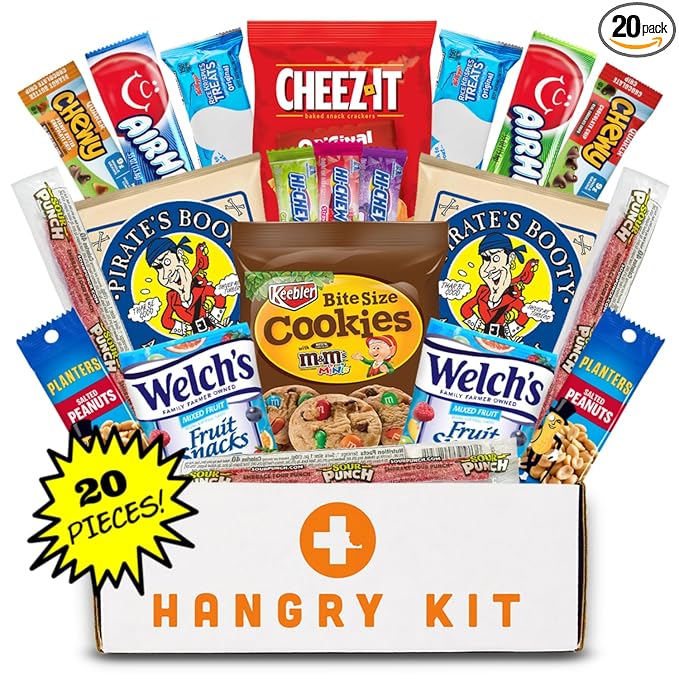 Hangry Kit Mega Care Pack (Essential Kit) - Snack Box Kit - Birthday Snack Box for Adults & Kids -- (20 count) Basket Care Package Ideal for College Students -- Contains Birthday Snacks, Cookies, Chips, Candy. Party Variety Box.