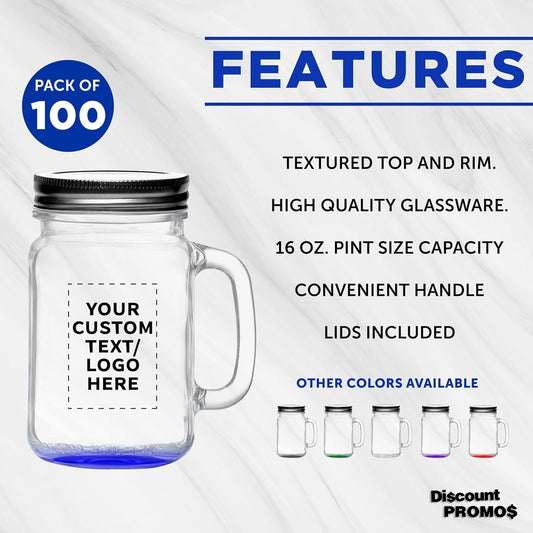 DISCOUNT PROMOS Custom Libbey Handle Mason Jars w/Lids 16 oz. Set of 100, Personalized Bulk Pack - Traditional style, High standard - Blue