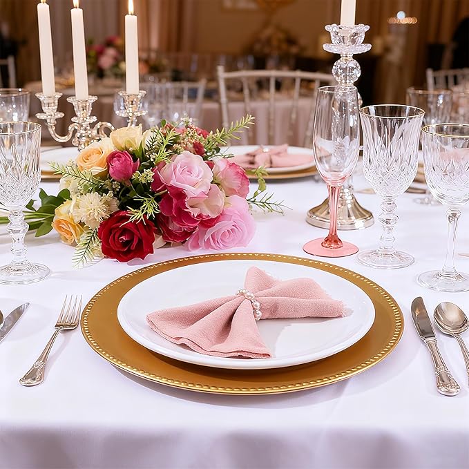 12 Pack Gold Plastic Charger Plates, 13 Inch Round Beaded Decorative Dinner Chargers for Wedding, Party, Table Setting and Event Decor