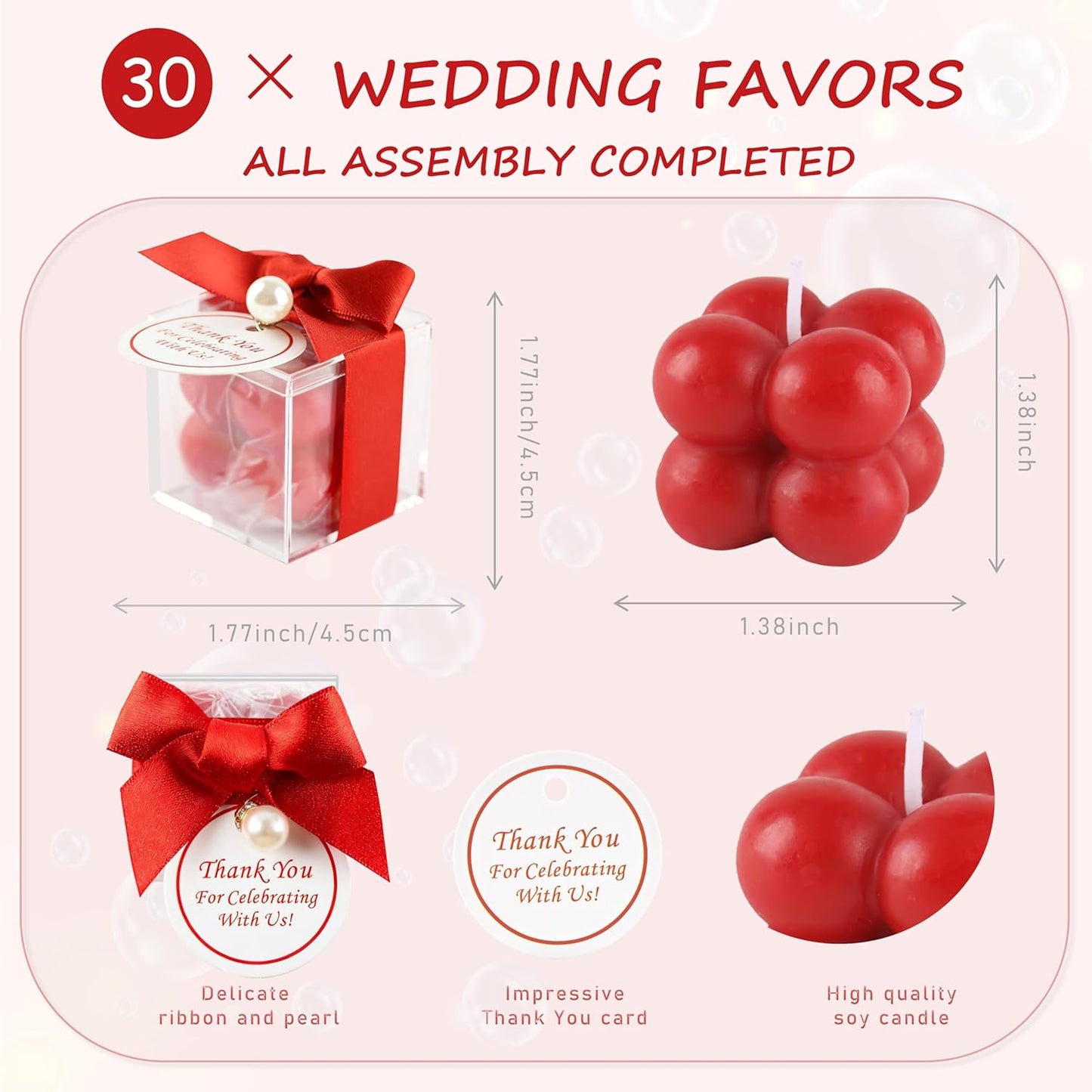 ACITHGL 30 Sets Small Bubble Candle Wedding Candles Favors for Guests Bulk Bridal Shower Favors Candles with Stylish Ribbons Thank You Cards Gifts (Shimmering Red)