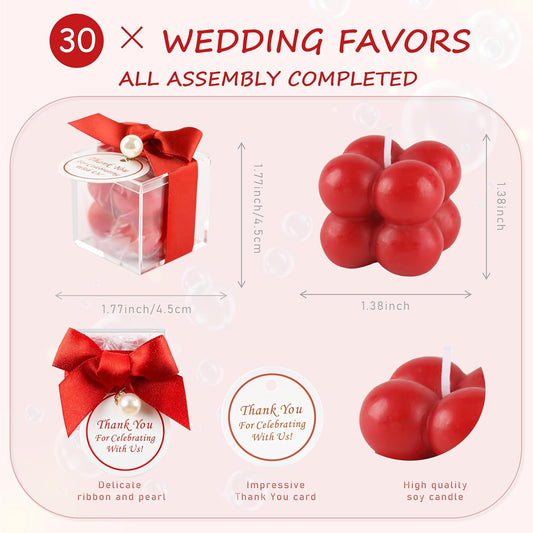 ACITHGL 30 Sets Small Bubble Candle Wedding Candles Favors for Guests Bulk Bridal Shower Favors Candles with Stylish Ribbons Thank You Cards Gifts (Shimmering Red)