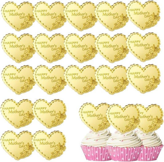 Furimuk 20 Pcs Mother's Day Heart Cake Topper, Gold Acrylic Mirror, Happy Mother's Day Cake Topper, Cupcake Decorations
