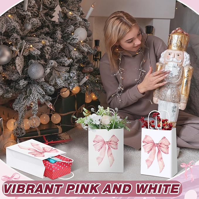 Kolldenn 16 Pcs Coquette Pink Bow Paper Gift Bags Women Mother's Day Birthday Favor Goodie Candy Bags with Handles for Bridal Engagement Baby Shower Party Supplies