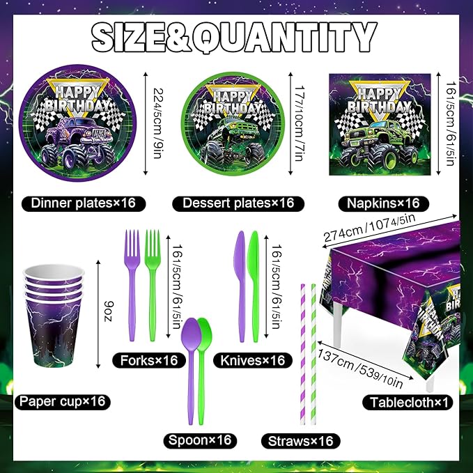 Truck Birthday Decorations Kit,162pcs Monster Birthday Party Supplies Serves 16 Guests, Truck Theme Party Decorations for Boy Purple and Green
