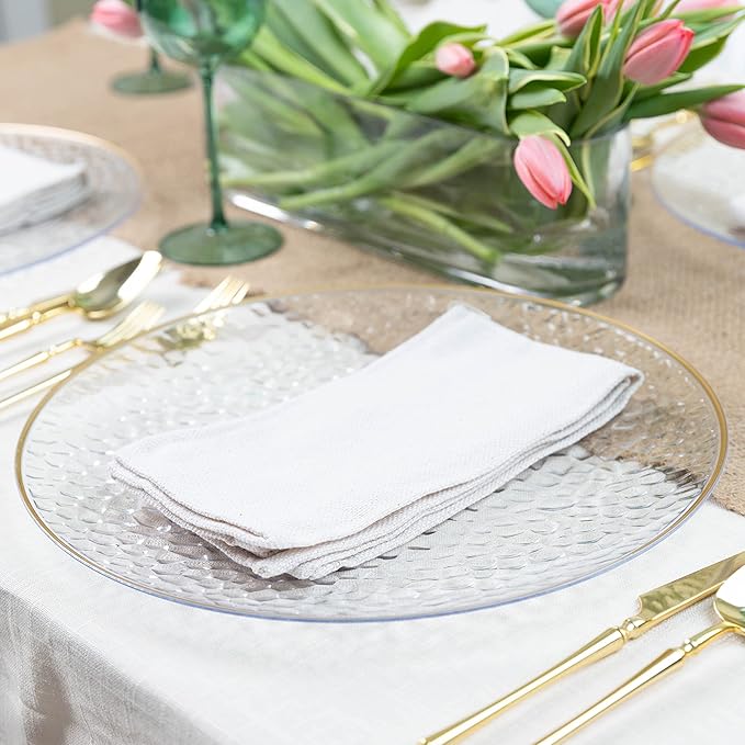 [Clear Hammered With Gold Rim 8 Pack] 13'' Charger Plates Clear Hammered With Gold Rim Plastic Heavy Duty Disposable Dinner Chargers Serveware Dishes Platters Tableware for parties, Weddings