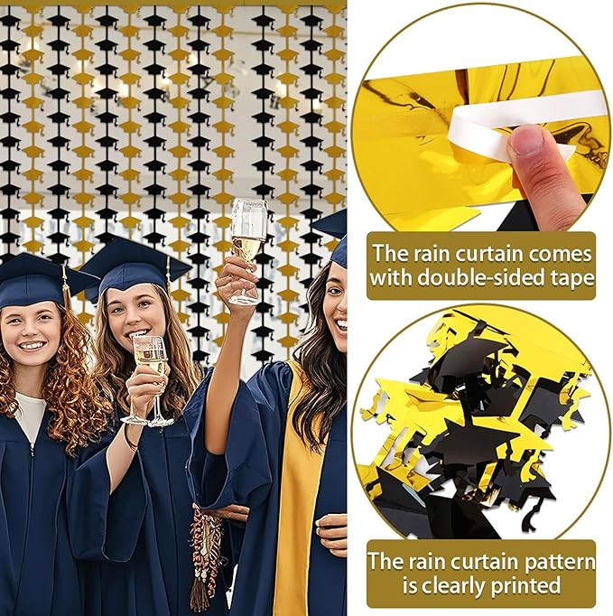 Graduation Party Decorations - 2 Packs Black and Gold Foil Fringe Streamers Curtains for College High School Graduate, Glitter Graduation Hats Backdrop Decorations(3.3x6.6 ft)