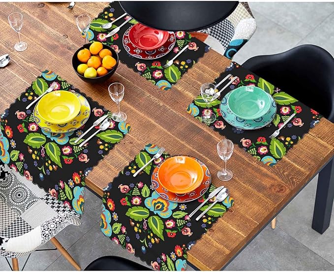 Yibeas Traditional Floral Cloth Napkins Set of 4 Soft Polish Folk Flower Pattern Polyester Dinner Napkin for Family Restaurant Weddings Parties