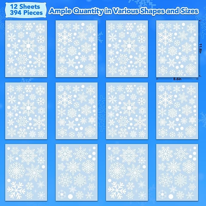 AOWDIAO 394 Pcs Snowflake Window Clings - Christmas Decorations Indoor, 12 Sheets Large White Double-Sided Xmas Snowflake Window Stickers for Glass, Winter Holiday Decor for Home, Office, Party