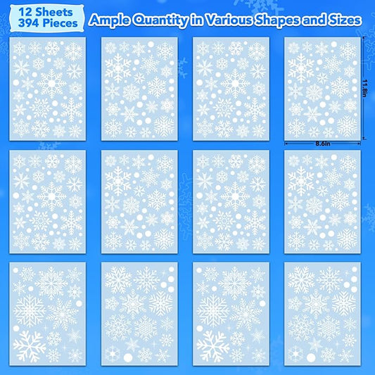 AOWDIAO 394 Pcs Snowflake Window Clings - Christmas Decorations Indoor, 12 Sheets Large White Double-Sided Xmas Snowflake Window Stickers for Glass, Winter Holiday Decor for Home, Office, Party