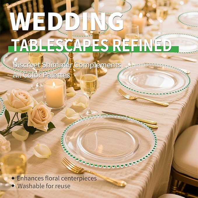12 Pack Clear Charger Plates Bulk Wedding, 13 Inch Plastic Round Dinner Chargers with Green Beaded Rim, Acrylic Round Decorative Plates for Wedding Party Home and Tabletop Decor (Green)
