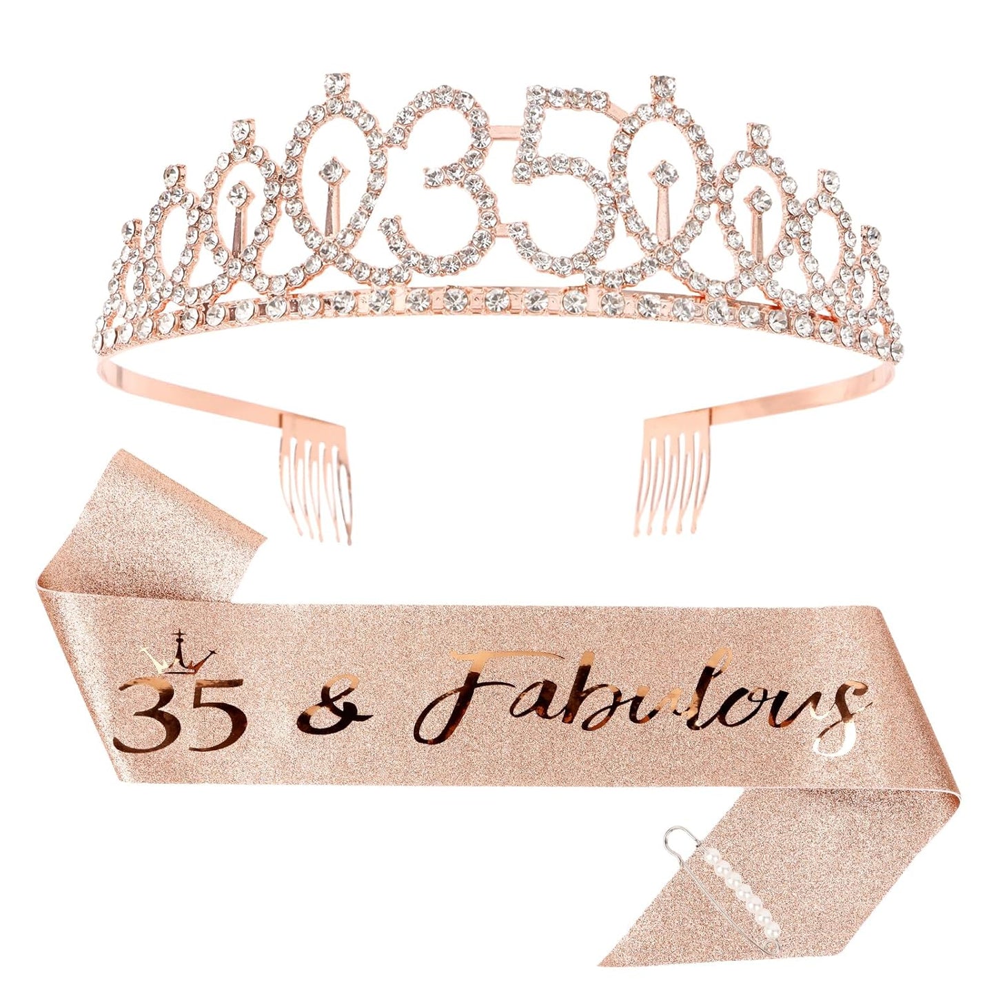 CIEHER 35th Birthday Crown & Sash Set + Tiara, Fabulous 35th Decorations & Gifts