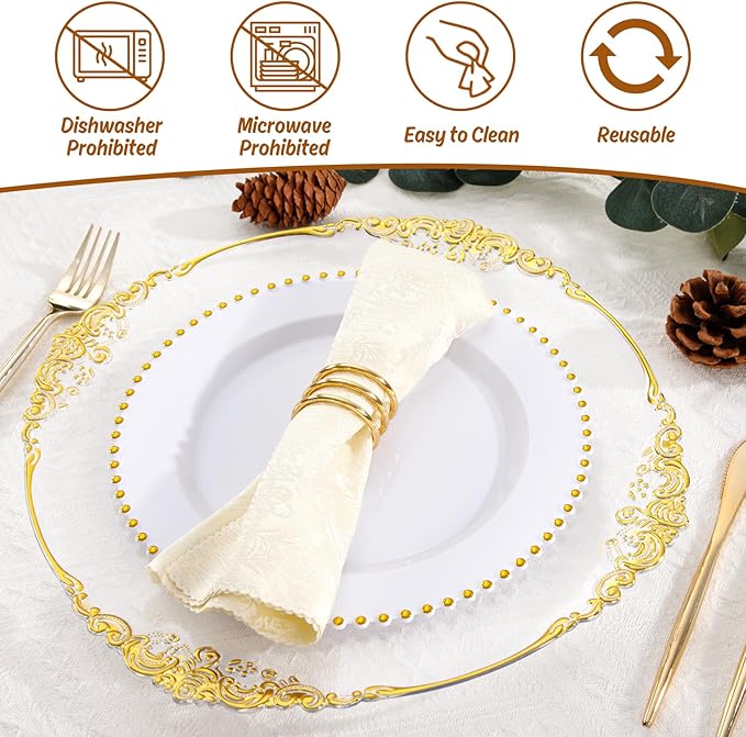 6pcs Clear and Gold Charger Plates,13inch Elegant Plastic Gold Chargers with Floral Trim,Table decoration,Charger Serving Plates for Wedding,Afternoon Tea,Spring,Mother's/Valentine's Day