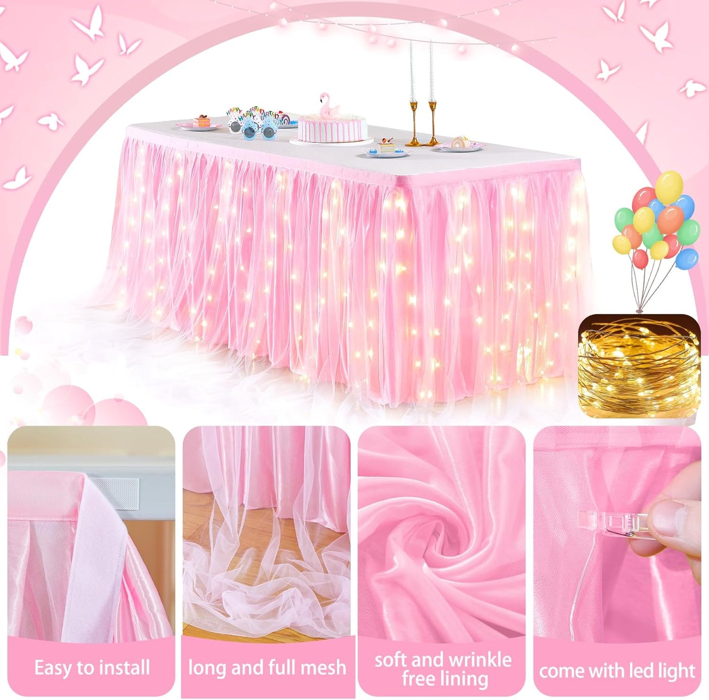 17FT Pink Tulle Table Skirt for Rectangle or Round Tables, Pink Tutu Table Skirt with LED Lights for Princess Girl Birthday Party Baby Shower Gender Reveal Wedding Banquet Cake Dessert Decorations