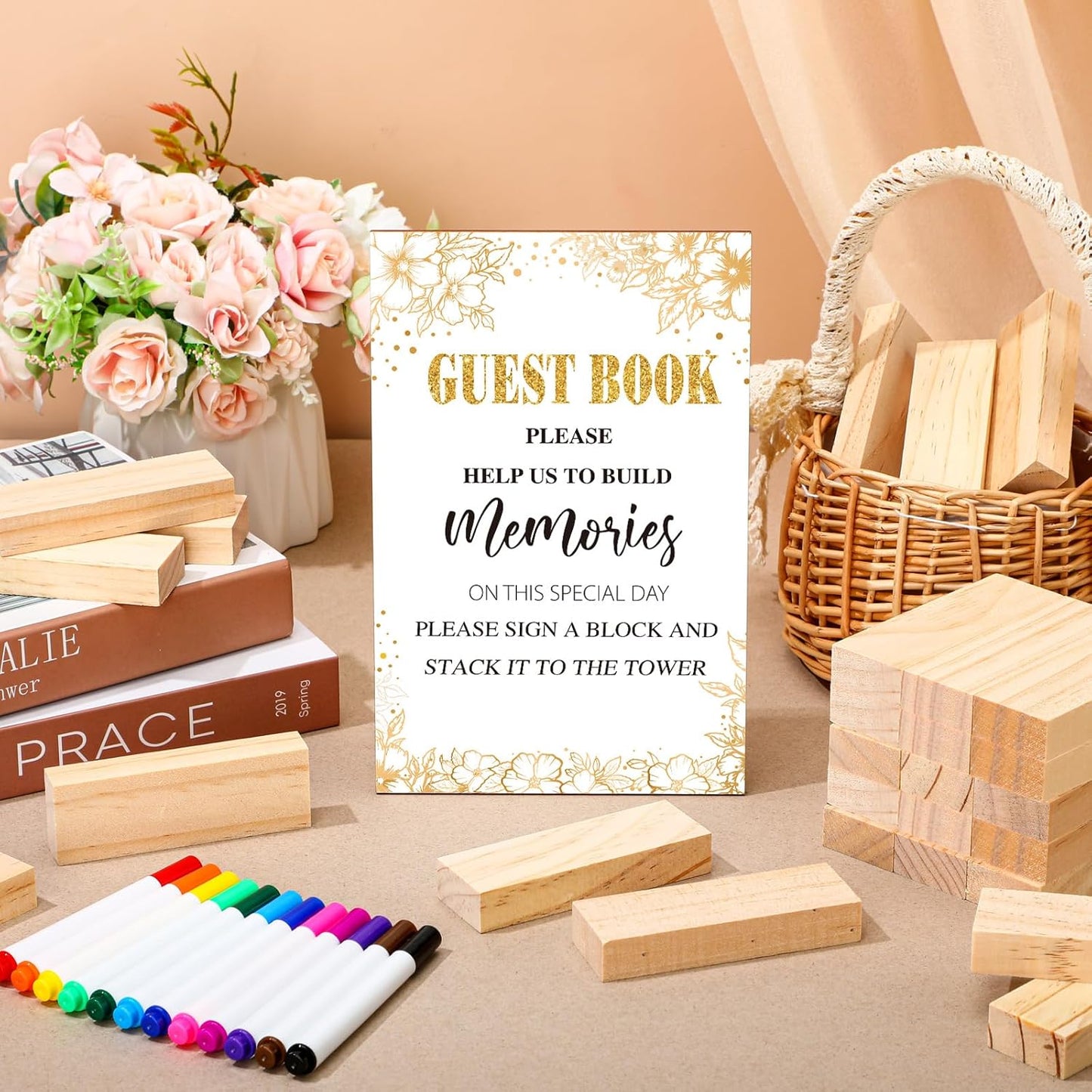 80 Pcs Wedding Guest Book Alternative Wooden Block Guest Book for Wedding Sign in Bridal Shower Decoration Wooden Block Bridal Shower Game for Sign in, Reception(Leaves)