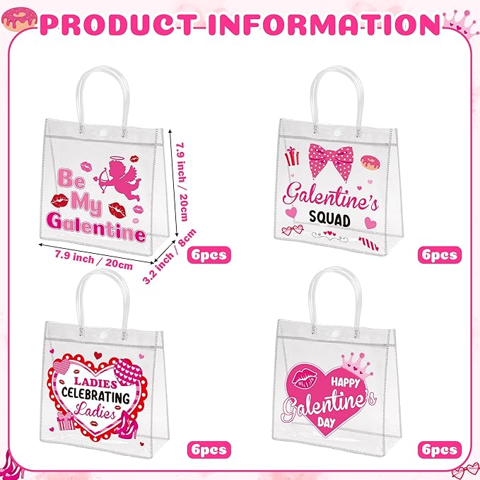 H1vojoxo Galentine's Day Gift Bags - 24PCS Galentine Clear PVC Gift Bags with Handle 7.9x3.2x7.9 Inches Reusable Galentine Goodie Tote Bag Be My Galentine Gift Wrap Bag for Valentine’s Day Party Favor