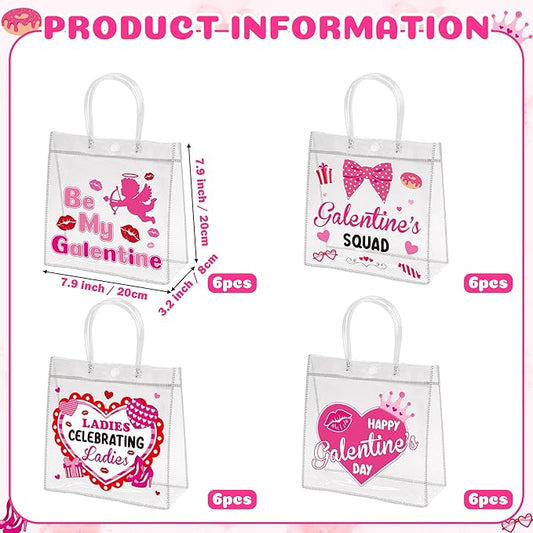 H1vojoxo Galentine's Day Gift Bags - 24PCS Galentine Clear PVC Gift Bags with Handle 7.9x3.2x7.9 Inches Reusable Galentine Goodie Tote Bag Be My Galentine Gift Wrap Bag for Valentine’s Day Party Favor