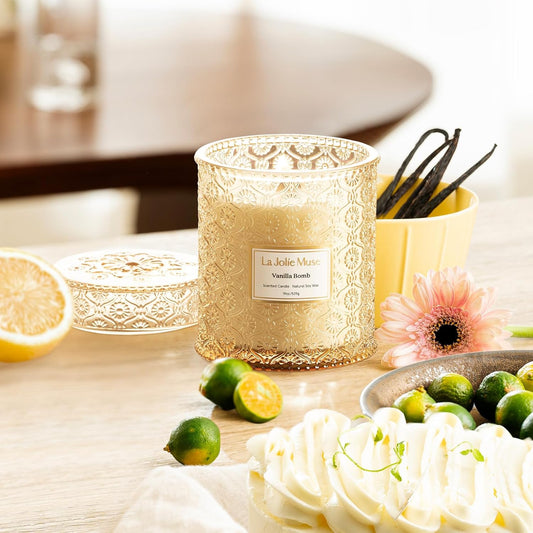 LA JOLIE MUSE Vanilla Bomb Candle| Vanilla, Lemon Zest & Patchouli |19 oz Large Wooden Wick | Natural Soy Wax | 90 Hours Clean Burn | Gift-Ready for Hosts | Seasonal Home Décor