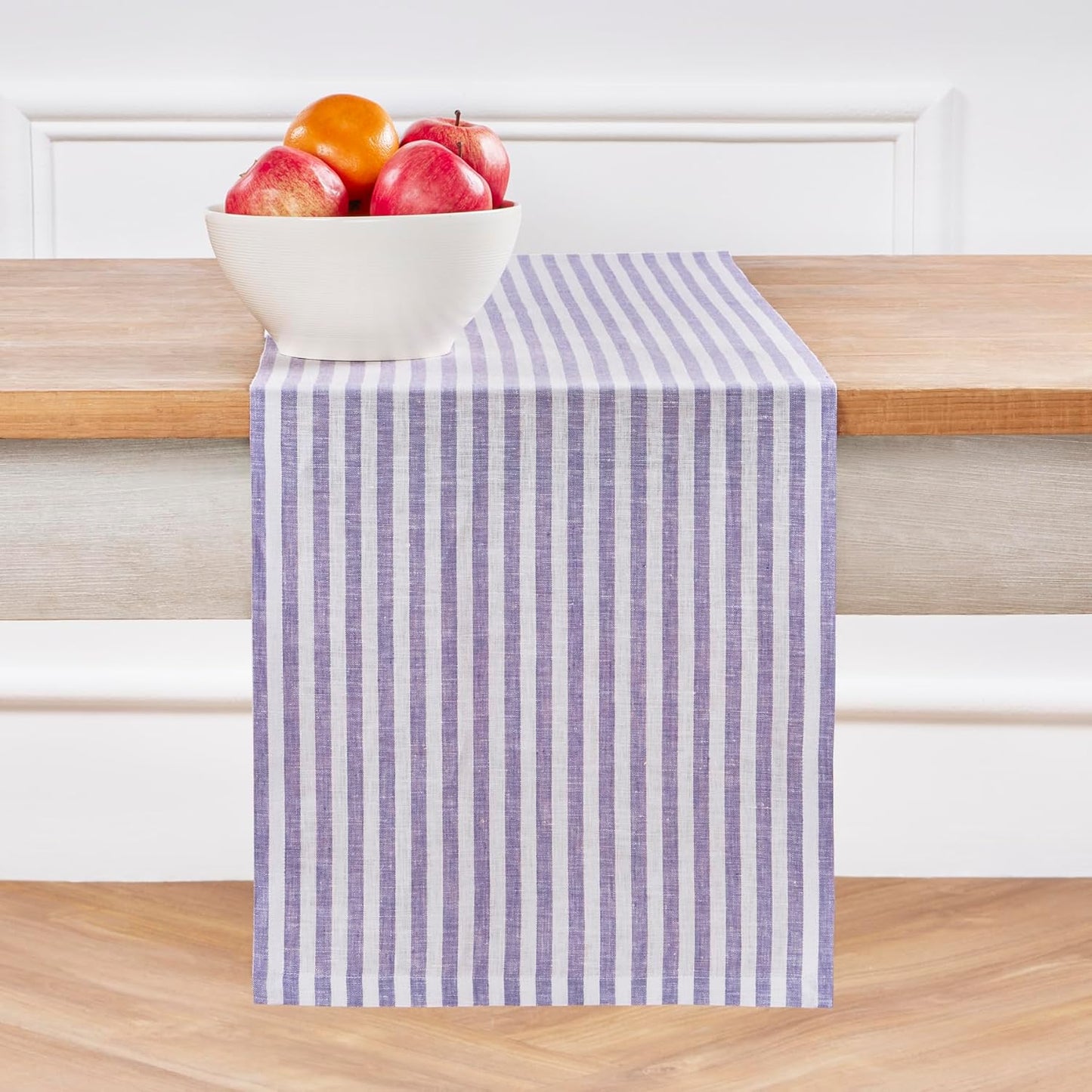 Solino Home Striped Linen Table Runner 90 Inches Long - Amalfi Stripe 100% Pure Linen Violet and White Dining Table Runner 14 x 90 Inch