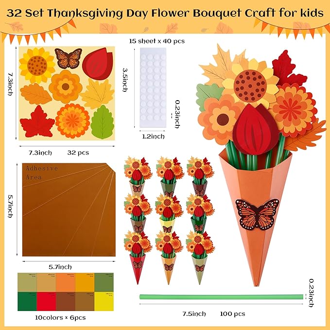 FULAIERGD 32 Set Fall Paper Flower Crafts DIY Autumn Thanksgiving Flower Bouquet Craft Kit-Make Your Own Thankful Florals for Party School Teacher Appreciation Week Thanksgiving Gift