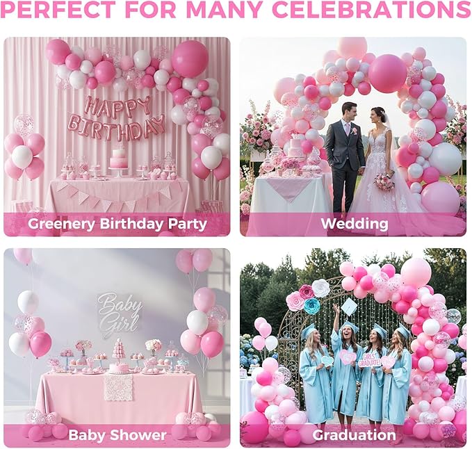 LovesTown Pink Balloon Garland Kit, 150PCS Arch Kit Pastel Light Pink White Balloons Pink Confetti Metallic Latex Balloons for Wedding Party Decorations (Pack of 2)