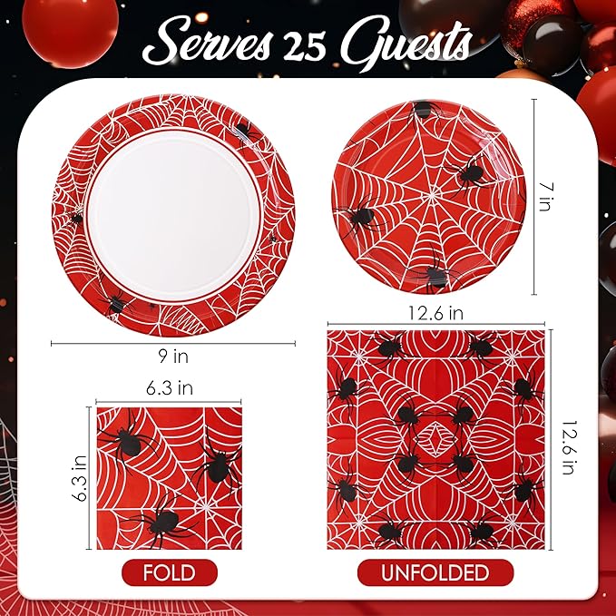 75pcs Spider Party Supplies, 25 Guest Disposable Red Paper Plates & Napkins, Tableware Decorations Favors, Including 9" & 7" Plates & Napkins for Halloween, Birthday, Parties, and Everyday Use