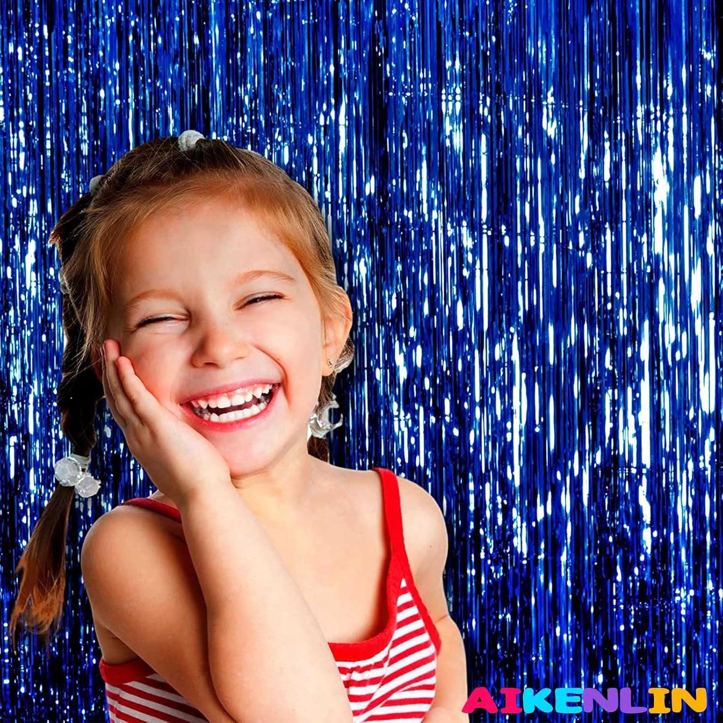 4 Pack 3.3Ft x 6.6Ft Blue Foil Fringe Curtain Backdrop, Metallic Tinsel Foil Fringe Streamers Curtains Background for Photo Booth, Birthday, Wedding, Halloween, Christmas Party Decoration