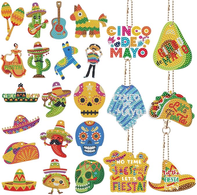 Huquary 24 Sets Cinco De Mayo Diamond Arts Keychains Mexican Fiesta Diamond Art Ornaments 5D DIY Crystal Rhinestone Crafts Kits Sombrero Taco Cactus Craft for Cinco De Mayo Mexican Holiday Gifts