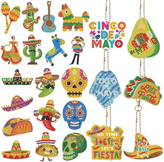 Huquary 24 Sets Cinco De Mayo Diamond Arts Keychains Mexican Fiesta Diamond Art Ornaments 5D DIY Crystal Rhinestone Crafts Kits Sombrero Taco Cactus Craft for Cinco De Mayo Mexican Holiday Gifts