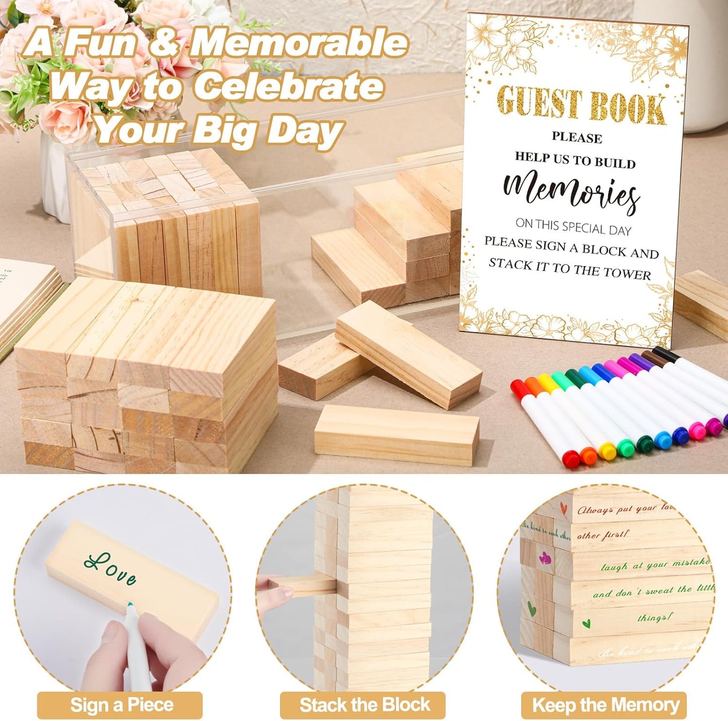 80 Pcs Wedding Guest Book Alternative Wooden Block Guest Book for Wedding Sign in Bridal Shower Decoration Wooden Block Bridal Shower Game for Sign in, Reception(Leaves)