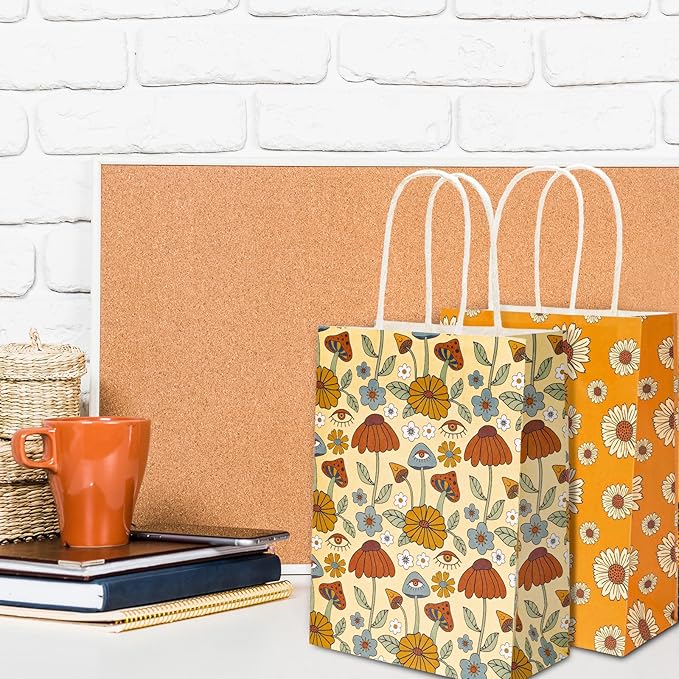AnyDesign 12Pcs Retro Boho Gift Bags Bulk Rainbow Daisy Flower Paper Bags with Handle Vintage Boho Party Favor Bag for Wedding Birthday Baby Shower Bridal Shower Party Supplies, 5.9 x 8.3 x 3.1 Inch