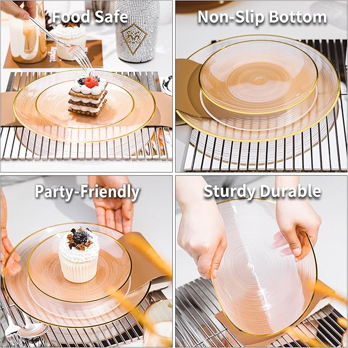 N9R 60PCS Orange Plastic Plates with Gold Rim, Elegant Disposable Plates, Circular Ribbed Design, 30 Dinner & 30 Dessert Plate for Parties, Weddings, Banquets and Events (Translucent Orange)
