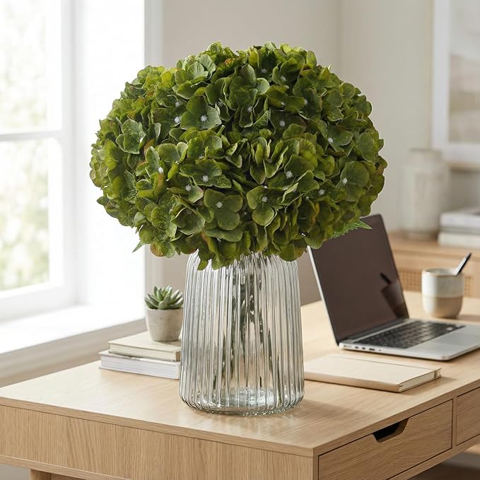2Bouquets Artificial Fake Flowers Plants Silk Hydrangea Arrangements Wedding Bouquets Decorations Plastic Floral Home Kitchen Garden Party Festival Bar DIY(Olive Green,5 Flower Heads)