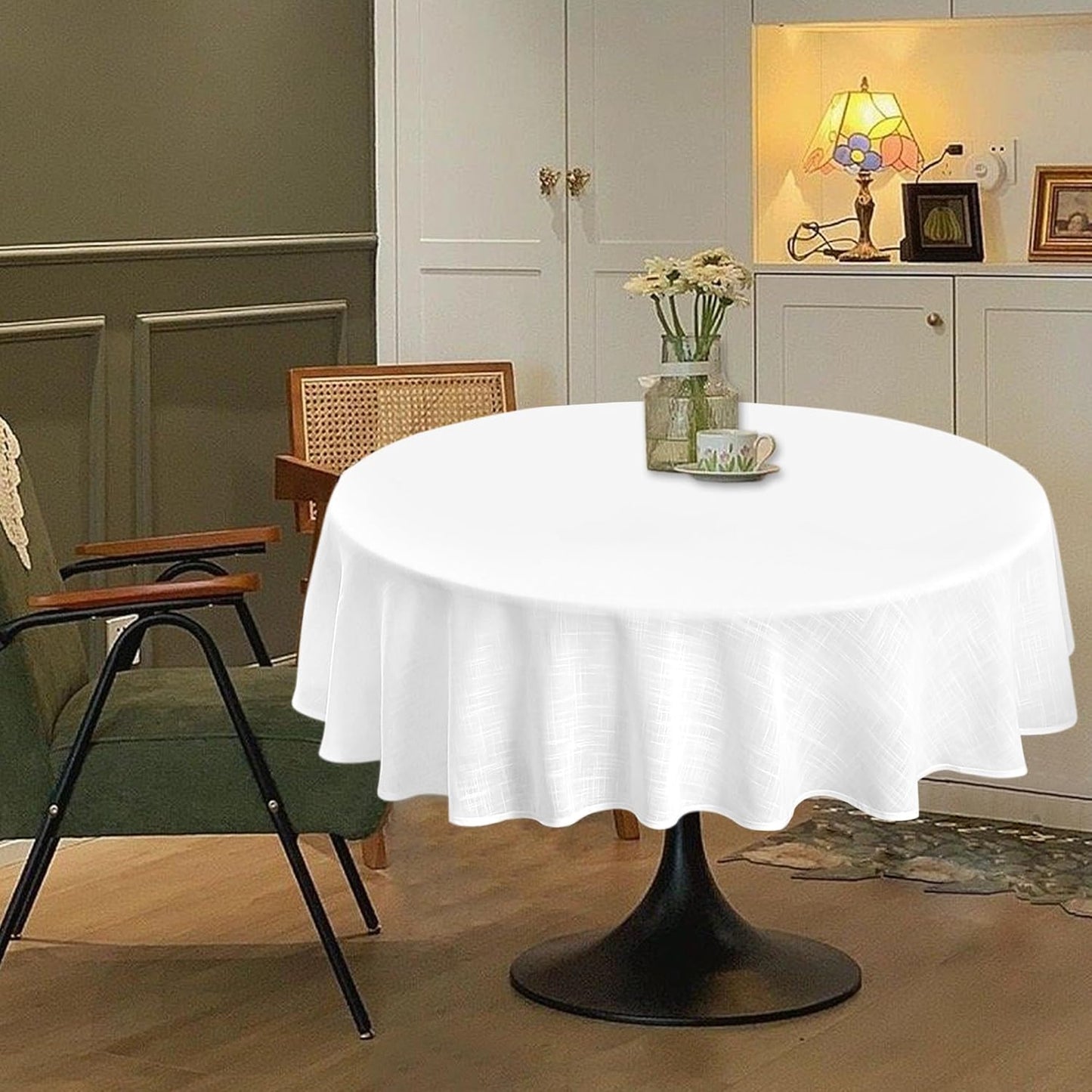 Linen Textured Round Tablecloth, Slubby Lightweight Table Cloth 70 Inch, Water Resistant Stain Resistant Farmhouse Burlap Table Cover for Kitchen Dining Room