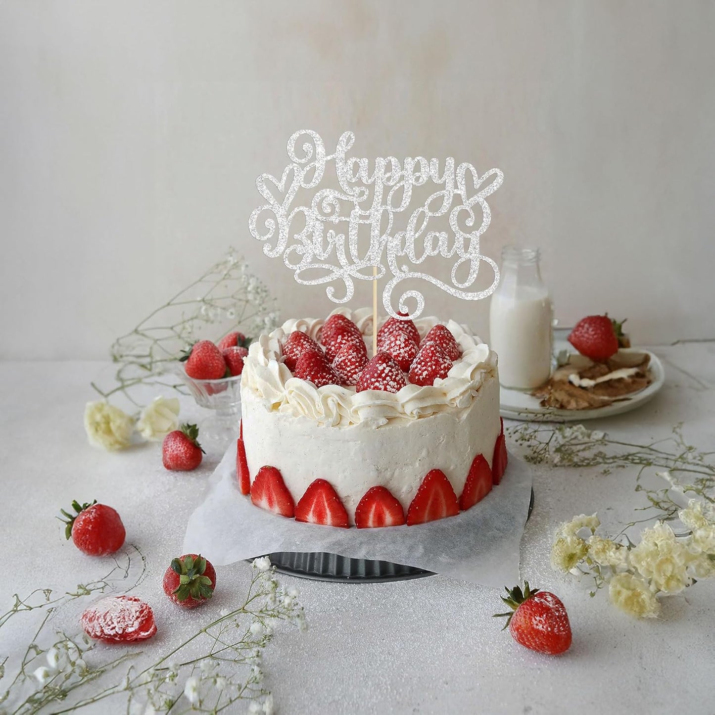Gyufise 1Pcs Happy Birthday Cake Topper Glitter Cake Pick for Celebrating Anniversary Party Cake Decorations Supplies Silver