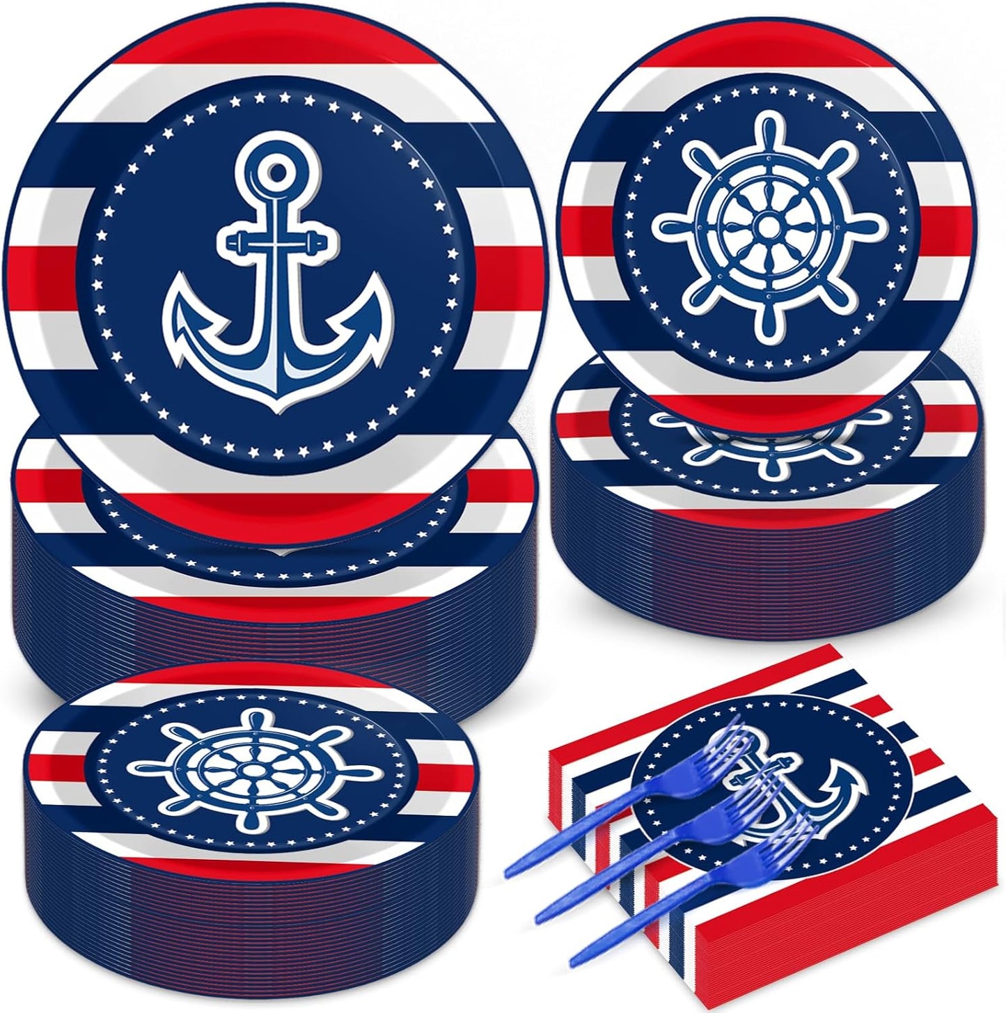50 Guests Nautical Anchor Party Supplies Anchor Theme Plates Napkins Sailor Boat Ship Party Decorations Nautical Disposable Paper Tableware Set for Baby Shower Birthday Party Boys Girls Kids 200PCS