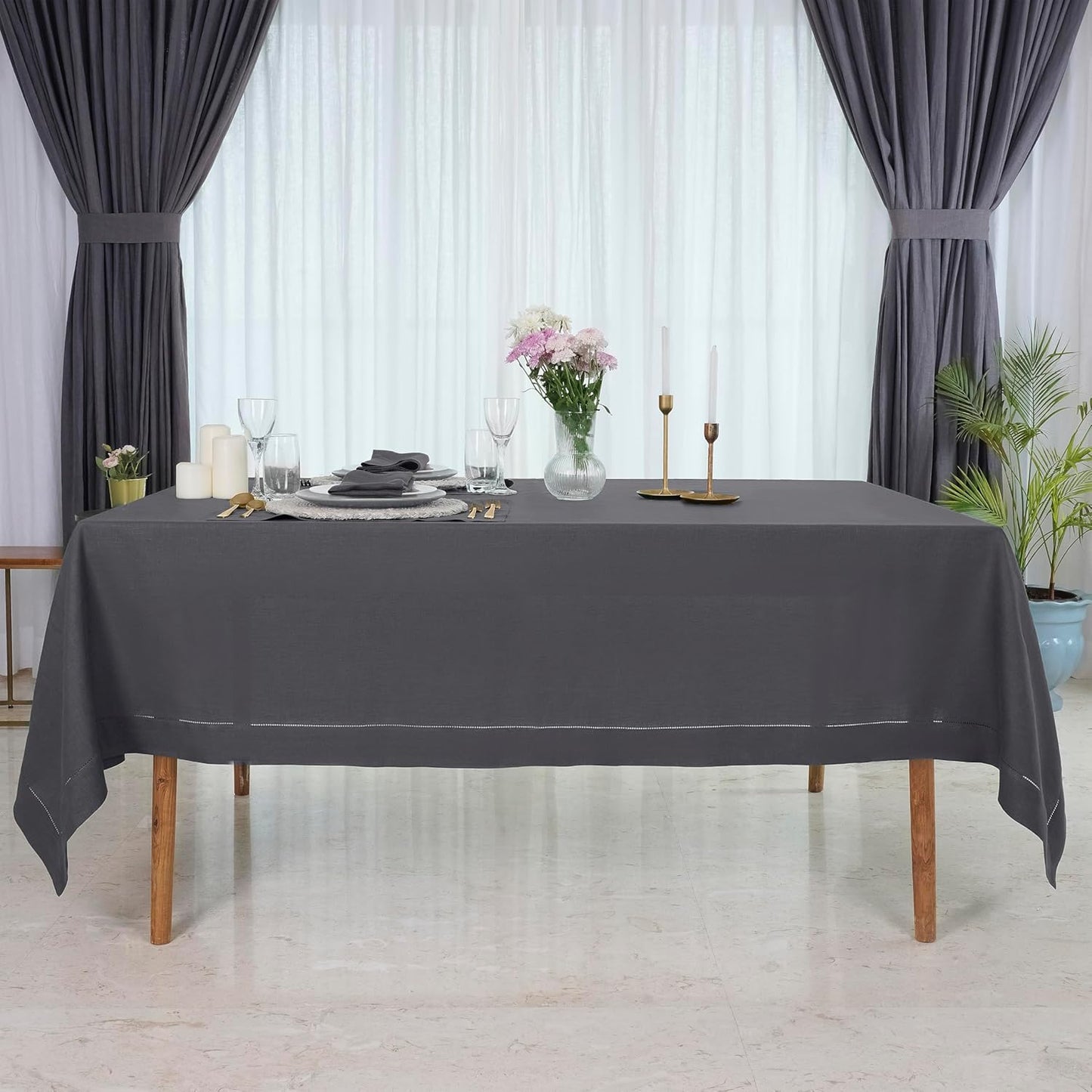 D'Moksha Homes Charcoal Grey Linen Tablecloth 60 x 108 Inch - 100% Pure Linen Grey Table Cloth for Rectangle Tables - Classic Hemstitch, Machine Washable Tablecloth for Thanksgiving