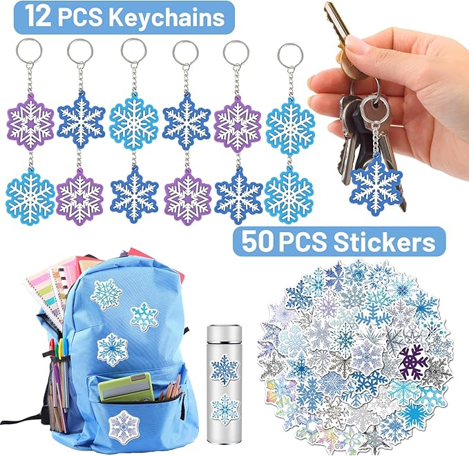 110 PCS Snowflake Party Favors, Snowflake Temporary Tattoos Slap Bracelets Paper Eyeglasses Stickers Keychains Gift Bags Winter Snowflake Birthday Party Decorations Supplies