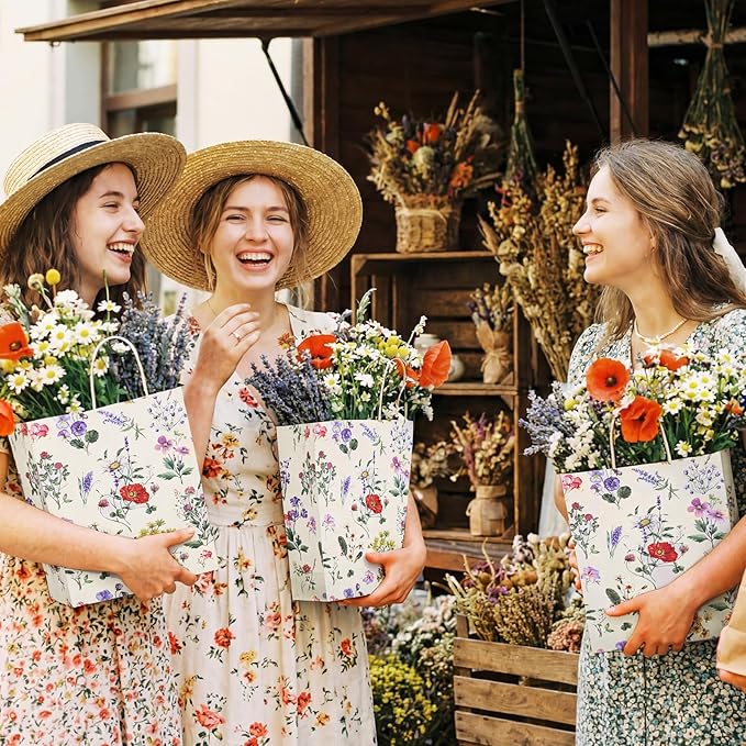 Marspark 24 Pcs Vintage Wildflower Paper Gift Bags for Wedding Bridal Baby Shower Engagement Birthday Party Supplies Floral Treat Bag with Handles Candy Goodie Bags for Guests, 8.3'' x 5.9'' x 3.1''