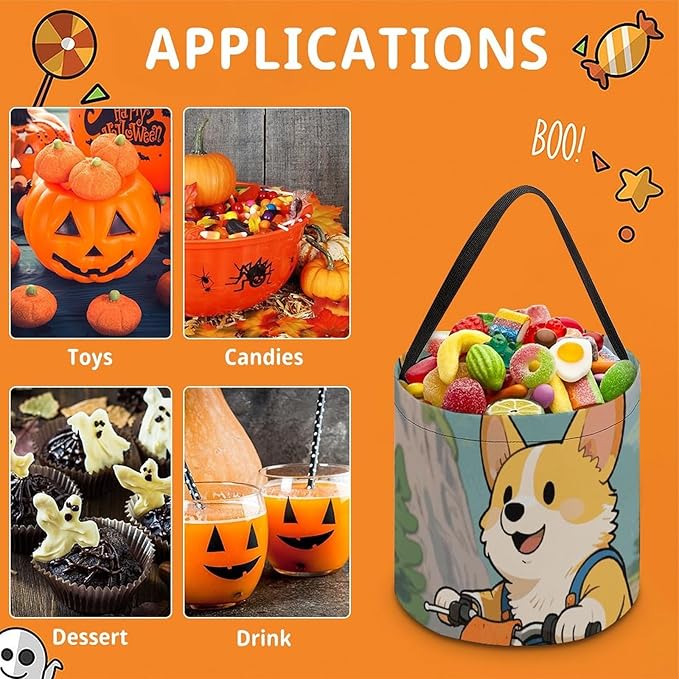Halloween Candy Bucket - Dog Riding Motorcycles Trick Or Treat Candy Bag, Gift Bag for Party Favor Supplies