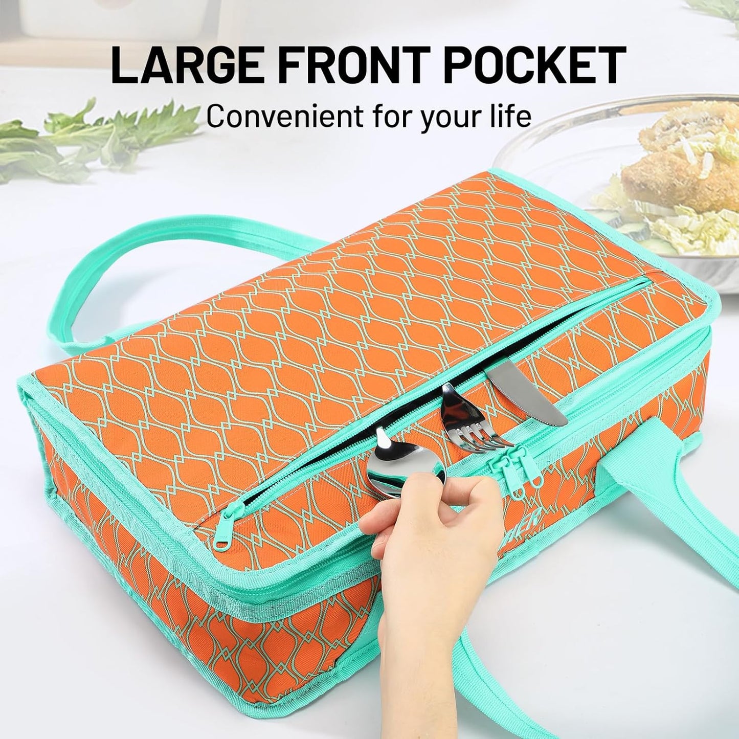 MIER Insulated Casserole Carrier for Hot or Cold Food Thermal Food Carrier Bag for Lasagna Potluck Parties Picnic Cookouts, Fits 9"x13" Baking Dish/Foil Pan, Orange
