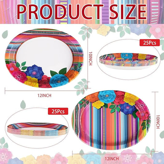50Pcs Mexican Fiesta Party Plates 10" x 12" Large Disposable 400 GSM Heavy Duty Mexican Floral Stripes Oval Paper Plates Cinco De Mayo Decorations for Baby Shower Mexico Taco Party Supplies