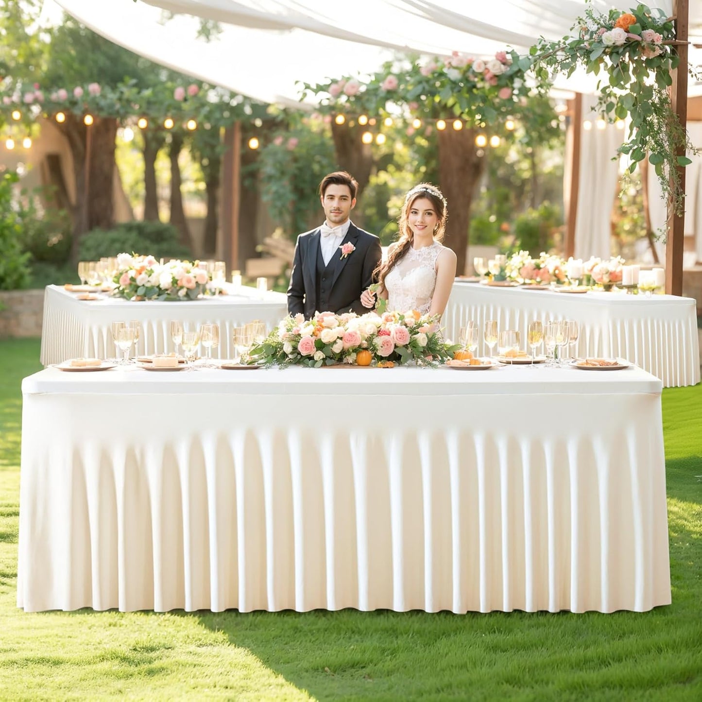 Besutolife 2 Pack Ivory Spandex Tablecloth for 4ft Rectangle Tables Fitted Table Cloth Stretch Table Covers Skirt 4ft Rectangular Tablecloths for Banquet Parties Wedding Decorations