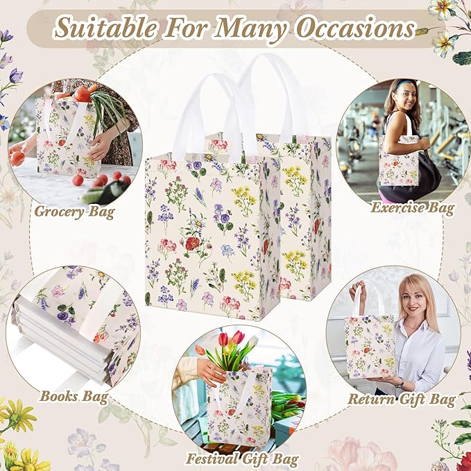 Supervitae 24 Pack Vintage Floral Theme Gift Bags Medium Wildflower Party Favor Flower Totes Reusable Non Woven Goodie Bags for Wedding Birthday Baby Shower Family Holiday Travel(9.8 x 7.9 x 3.9)