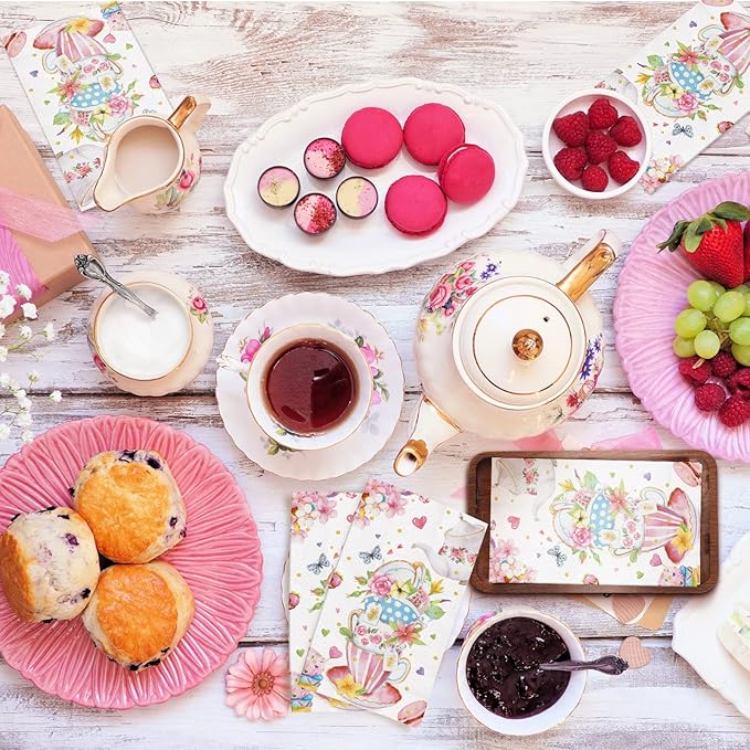 Karenhi 200 Pcs Tea Party Napkins 2 Ply Tea Cup Guest Napkins Spring Hand Paper Floral Guest Paper Towels for Bathroom Disposable Hand Towels for Bathroom Wedding Bridal