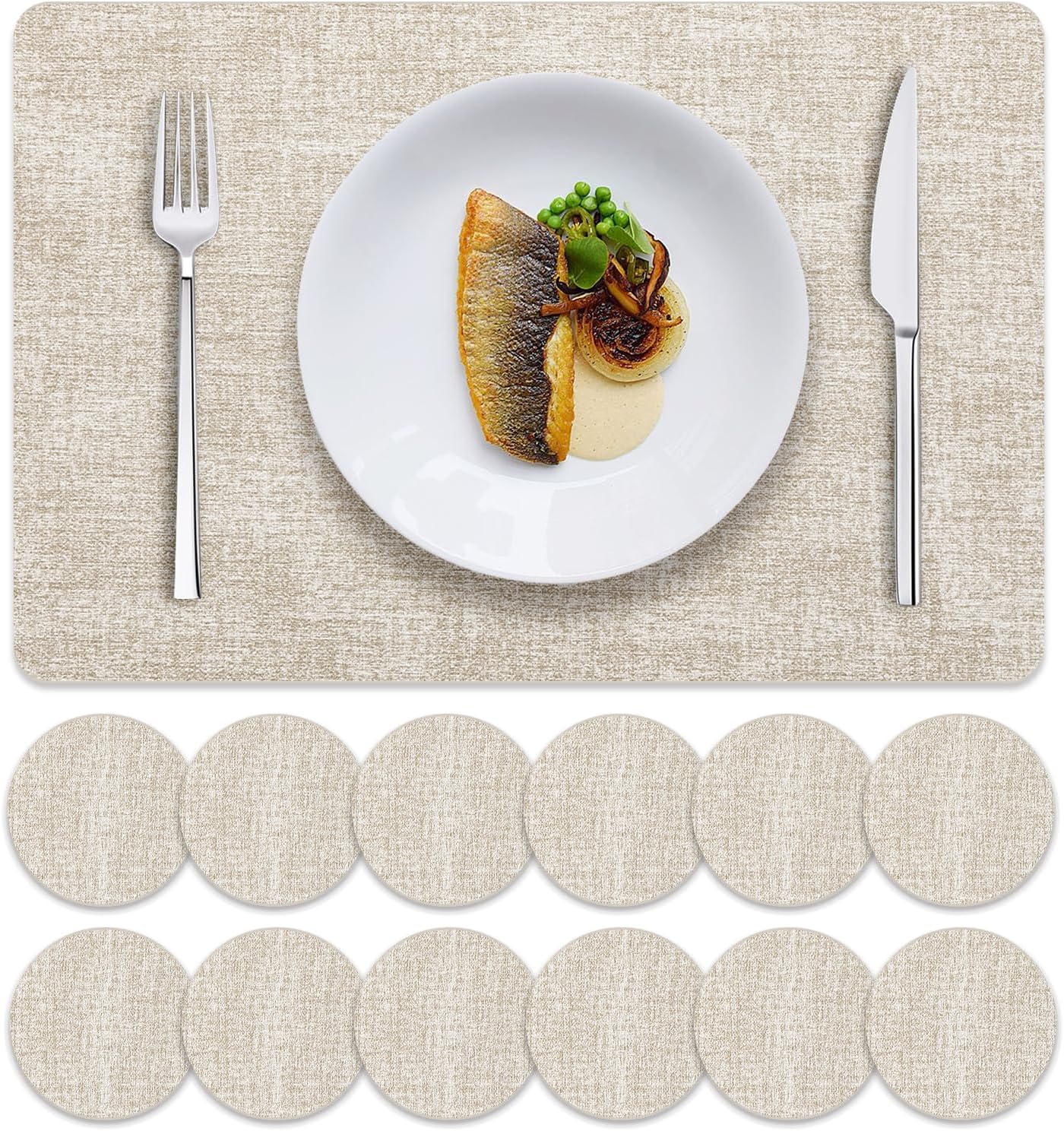MOSAYT Faux Leather Placemats Set of 12, Heat Resistant Vinyl Place Mats with Coasters, Wipeable Washable 100% Waterproof Oil Proof Table Mat for Kitchen Dining Party Indoor Outdoor, 12" x 18", Beige