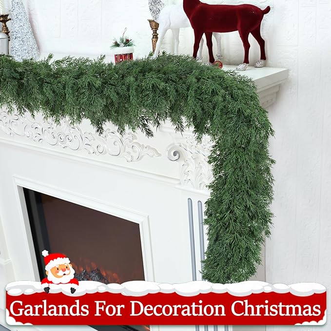 Christmas Garland Soft Bendable Realistic Artificial Cedar Pine Green Xmas Mantle Garland for Staircase with Gift Box Garlands for Decoration Christmas Fireplace Porch Table Home Yard Decor